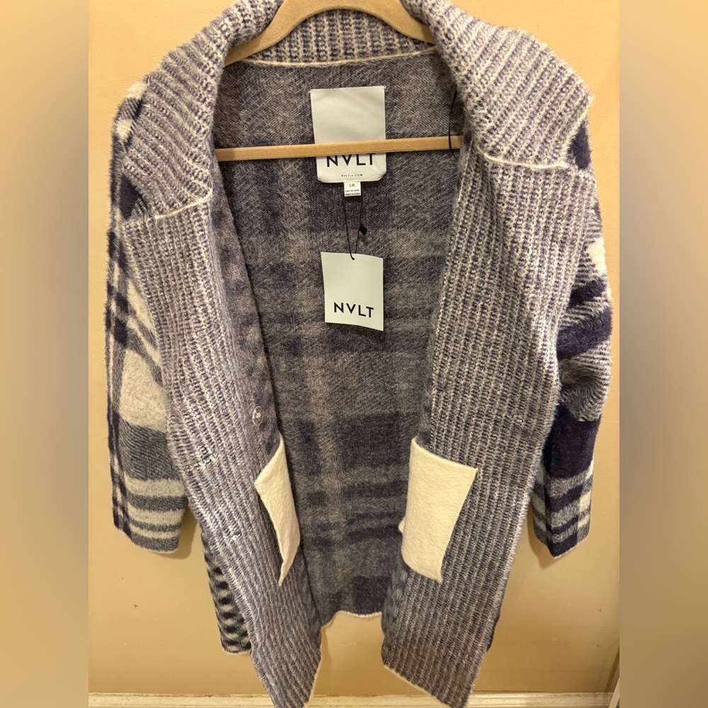 NWT NVLT CHECKERED PRINTED SOFT COATIGAN NAVY/WHITE WOMEN’S LARGE - Picture 13 of 16